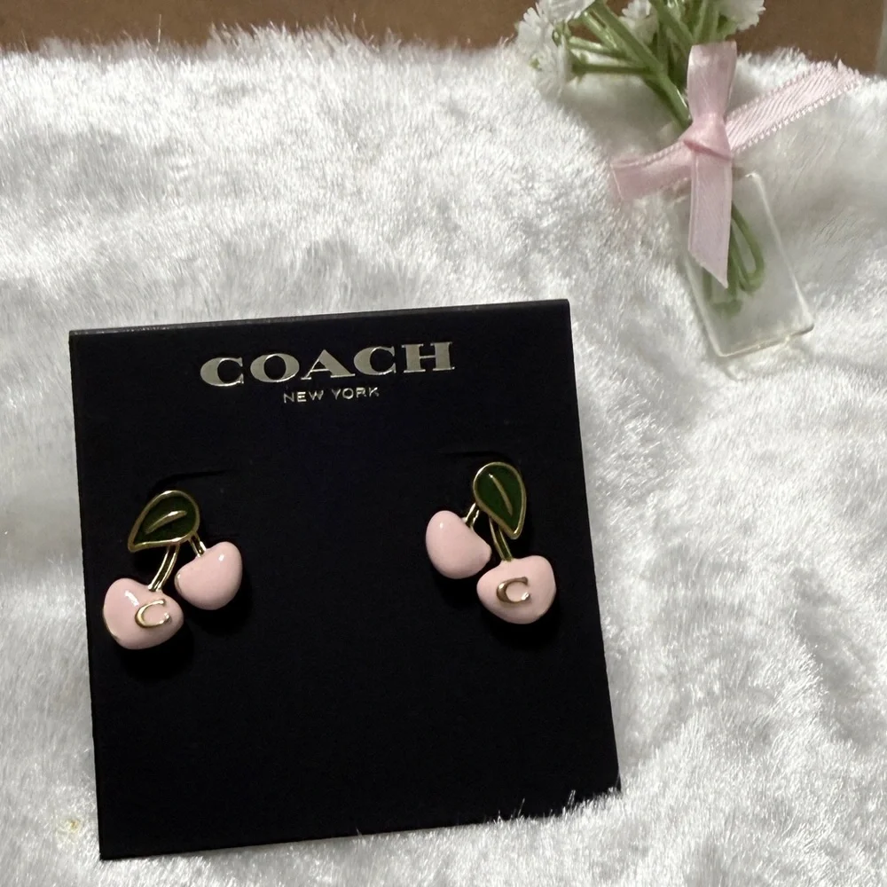 🌸✨Coach Cherry Stud Earrings • Gold/Pink - Picture 2 of 8